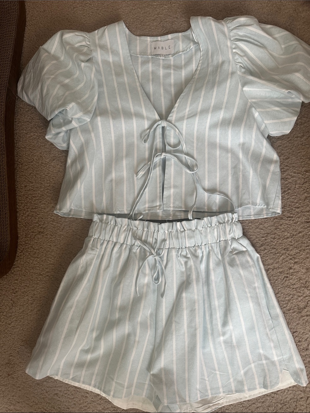 MARBLE Light Blue Striped Tie-Front Two-Piece Casual Set